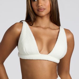 V Neck Fleece Bralette in White