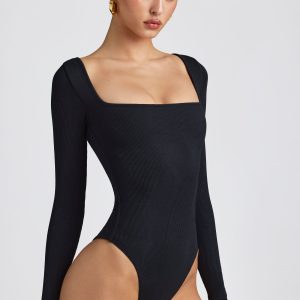 Ribbed Modal Long Sleeve Bodysuit in Black