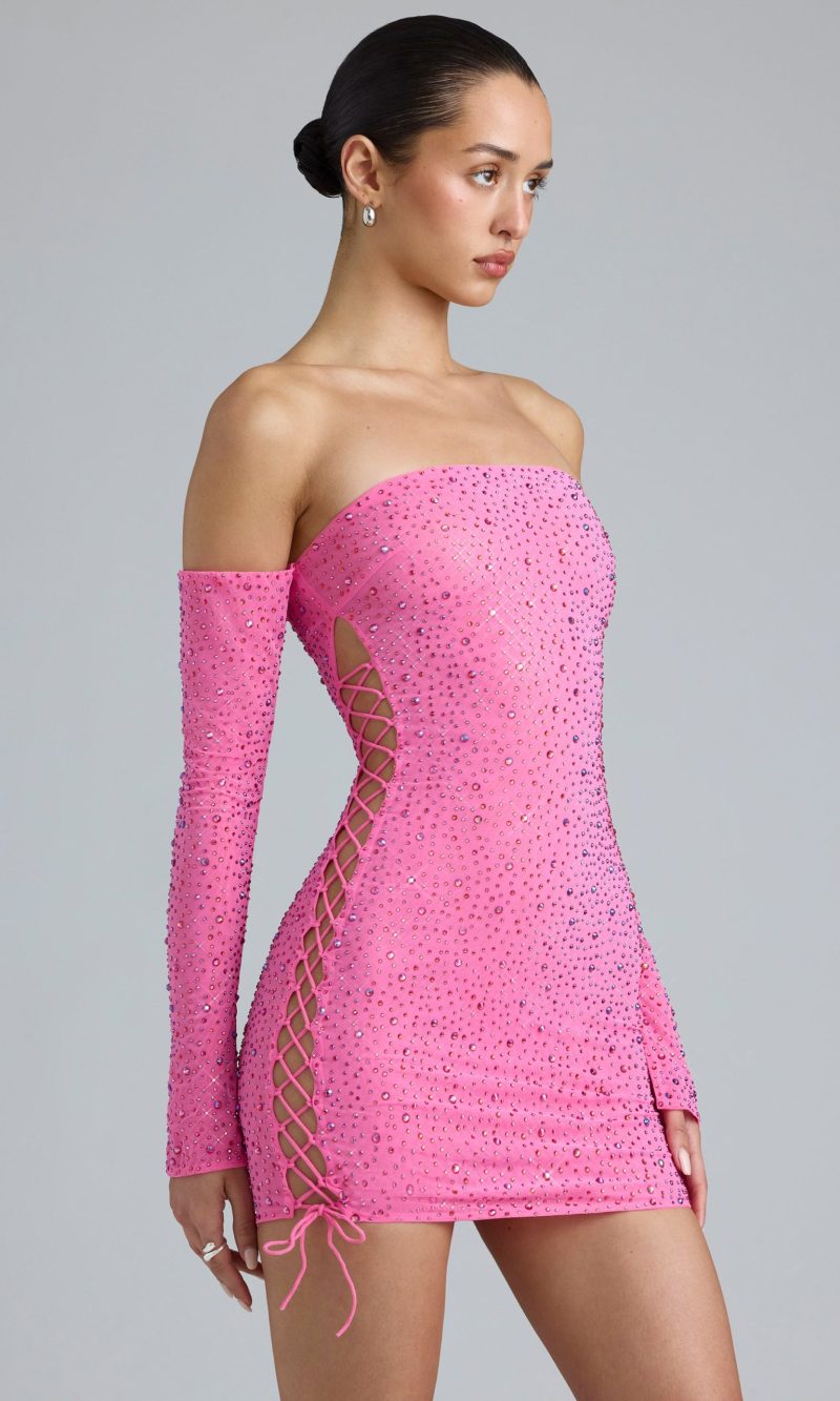 Embellished Lace-Up Off-Shoulder Mini Dress in Bubblegum Pink