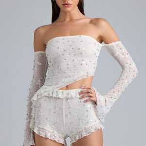Ruched Ruffle Asymmetric Top in Ivory