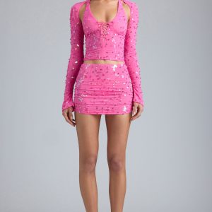 Ruched Mid-Rise Micro Mini Skirt in Bubblegum Pink