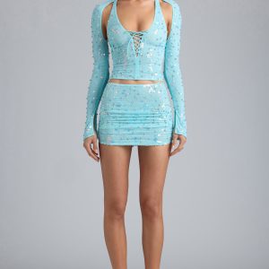 Ruched Mid-Rise Micro Mini Skirt in Ice Blue