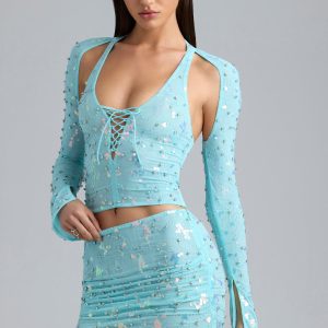 Embellished Cut-Out Halterneck Top in Ice Blue