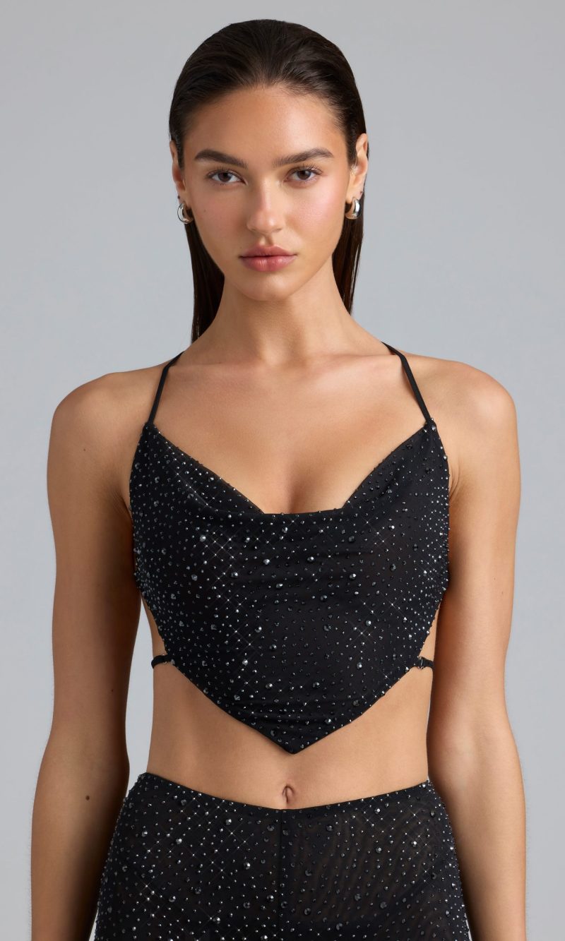 Embellished Cowl-Neck Crop Top in Black