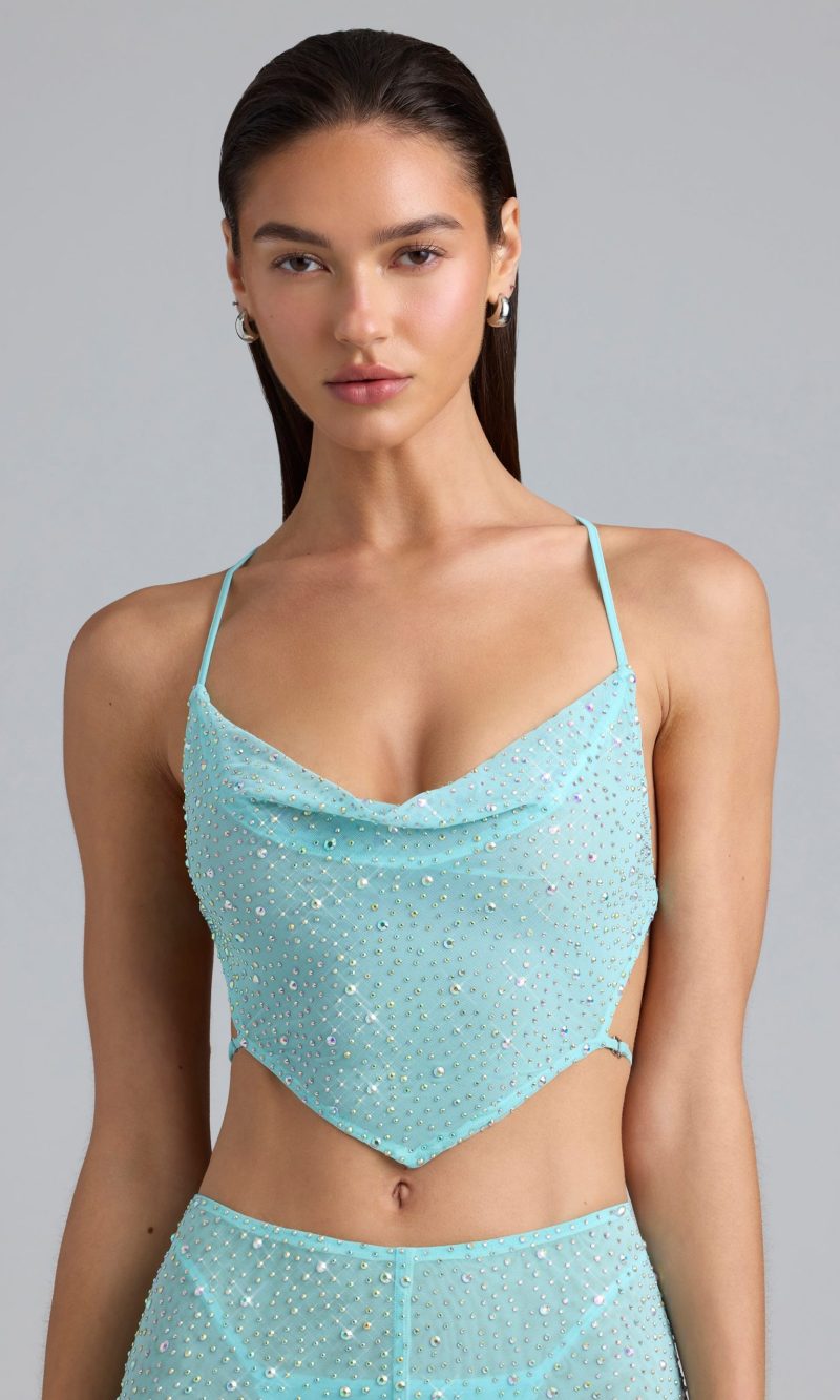 Embellished Cowl-Neck Crop Top in Ice Blue