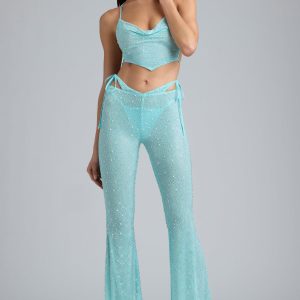 Embellished Cut-Out Flared Trousers in Ice Blue