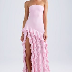 Ruffle-Trim Strapless Gown in Light Pink