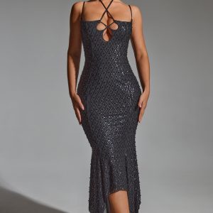 Embellished Cut-Out Asymmetric Midaxi Dress in Black