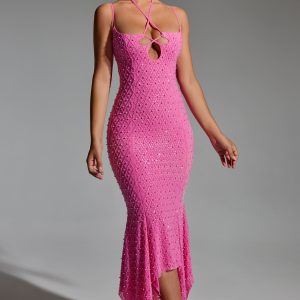 Embellished Cut-Out Asymmetric Midaxi Dress in Hot Pink