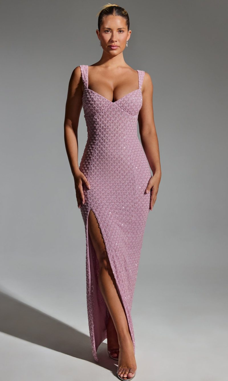 Embellished Open-Back Maxi Dress in Mauve