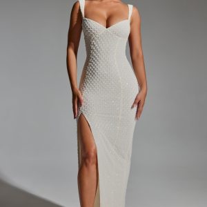 Embellished Open-Back Maxi Dress in White