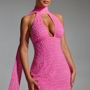 Embellished Scarf-Detail Halterneck Mini Dress in Hot Pink