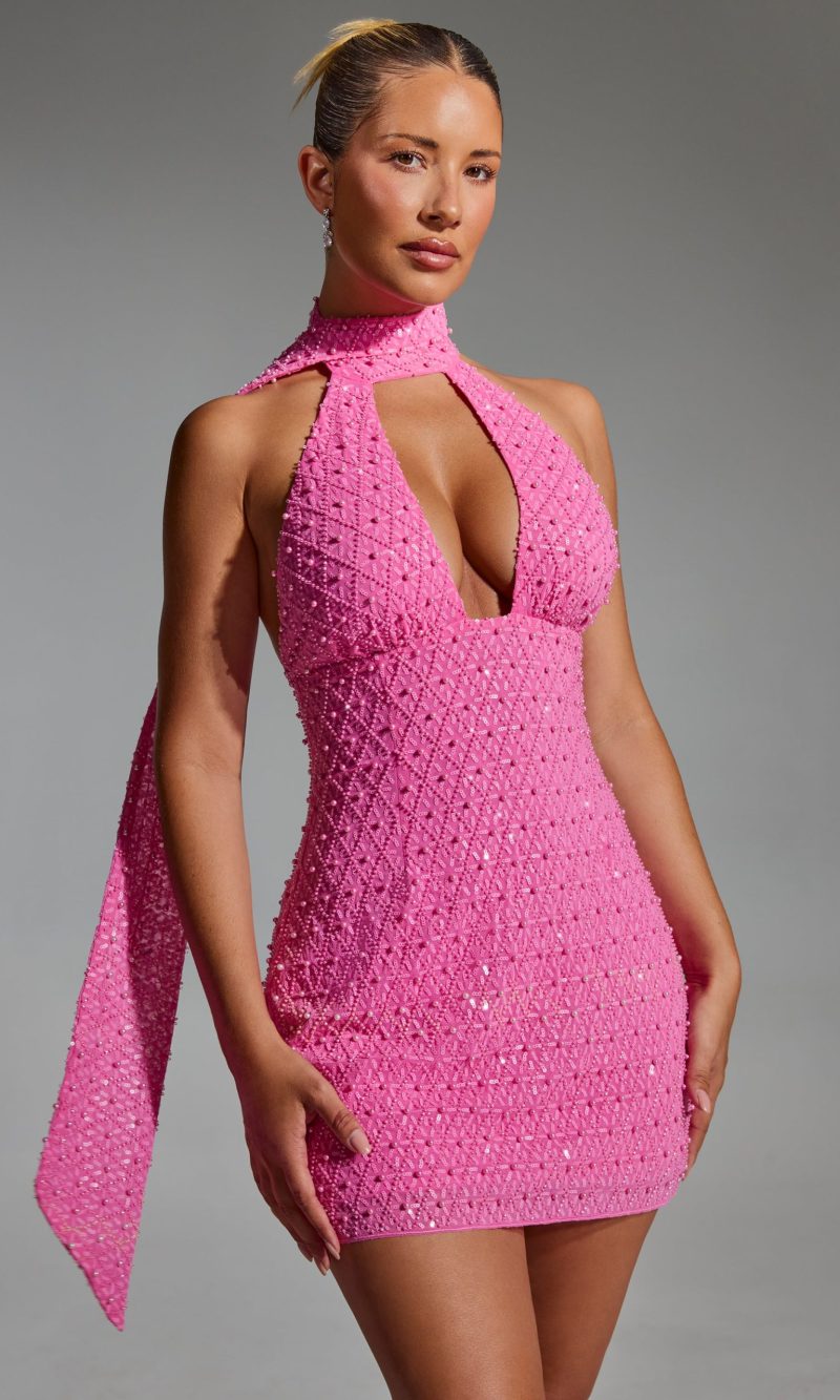 Embellished Scarf-Detail Halterneck Mini Dress in Hot Pink