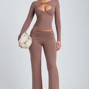 Modal Mid-Rise Straight-Leg Trousers in Taupe