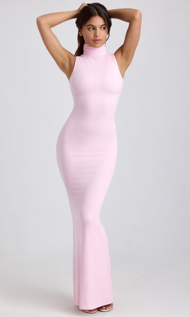 Ribbed Modal Turtleneck Maxi Dress in Blossom Pink