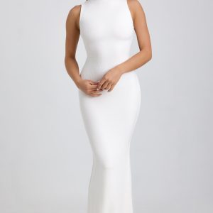 Ribbed Modal Turtleneck Maxi Dress in White