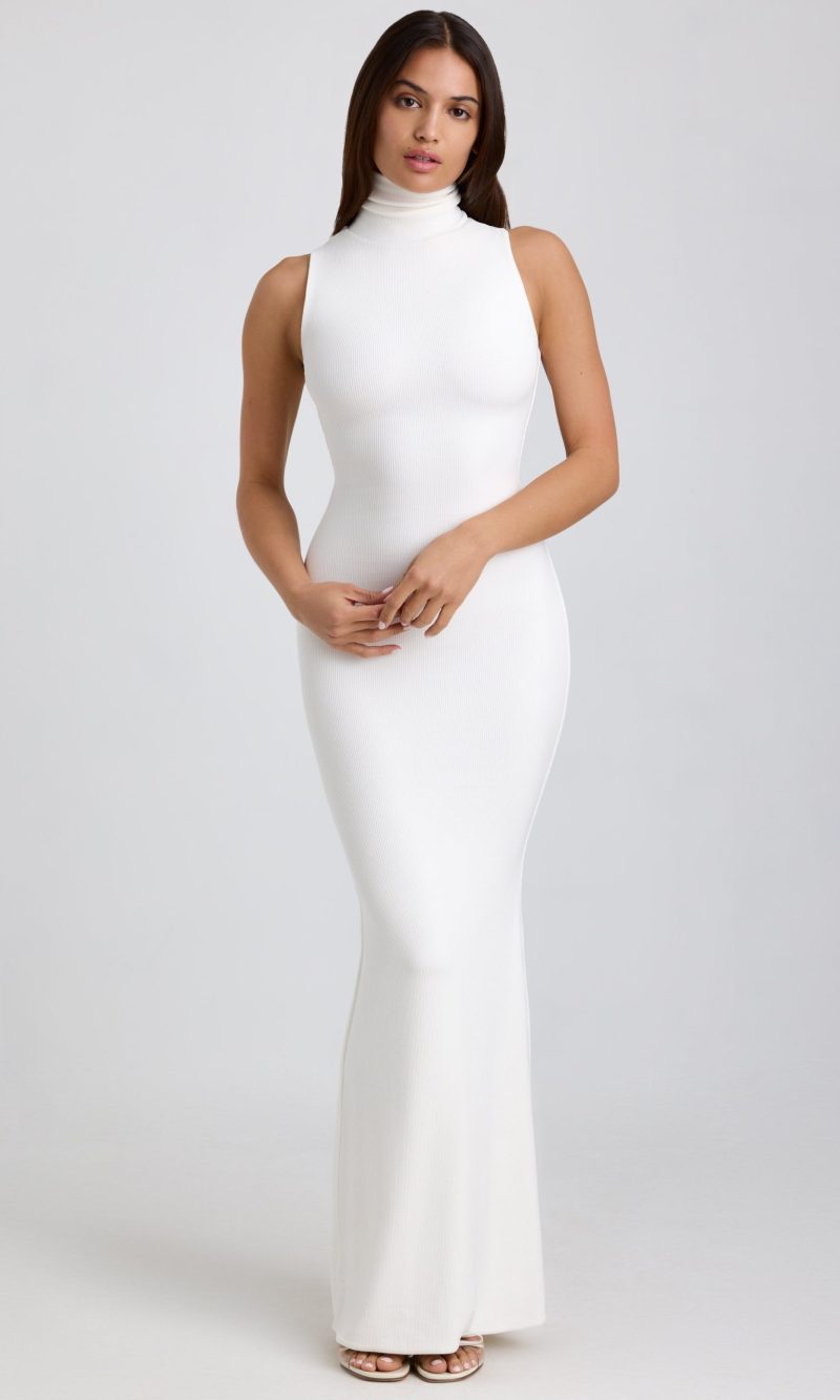 Ribbed Modal Turtleneck Maxi Dress in White