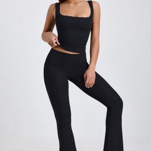 Petite Ribbed Modal Mid-Rise Foldover Flared Trousers in Black