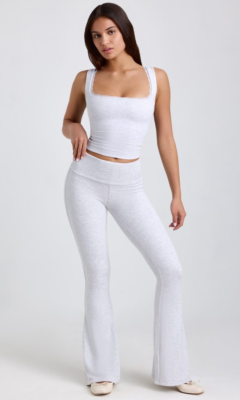 Ribbed Modal Mid-Rise Foldover Flared Trousers in Grey