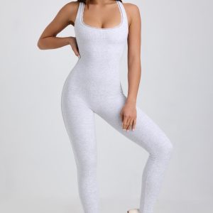 Ribbed Modal Lace-Trim Jumpsuit in Grey