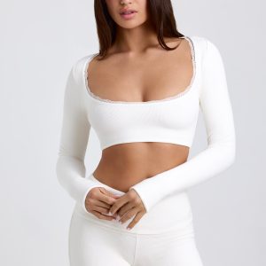 Ribbed Modal Lace-Trim Crop Top in White