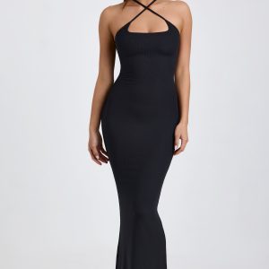 Ribbed Modal Halterneck Maxi Dress in Black