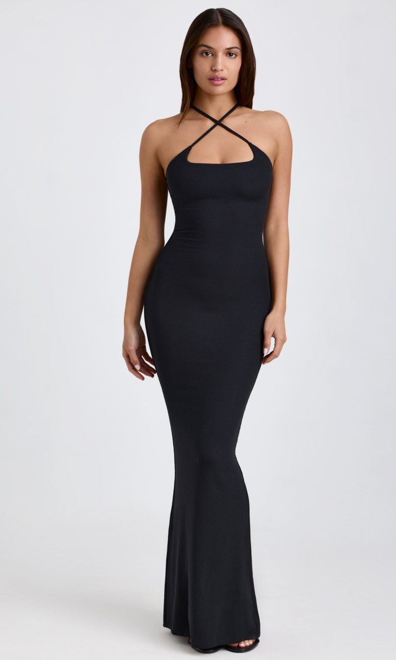 Ribbed Modal Halterneck Maxi Dress in Black