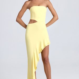 Bandeau Cut-Out Ruffle-Trim Maxi Dress in Lemon Sherbet