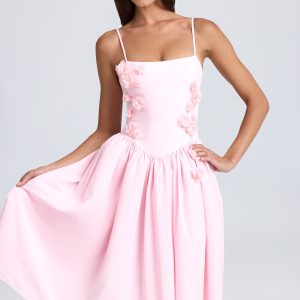 Floral-Appliqué Midi Dress in Blush