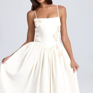 Floral-Appliqué Midi Dress in Ivory