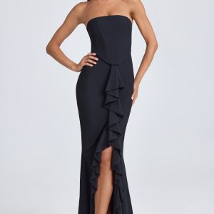 Bandeau Ruffle-Trim Corset Gown in Black