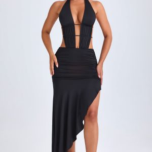 Asymmetric Cut-Out Halterneck Midaxi Dress in Black