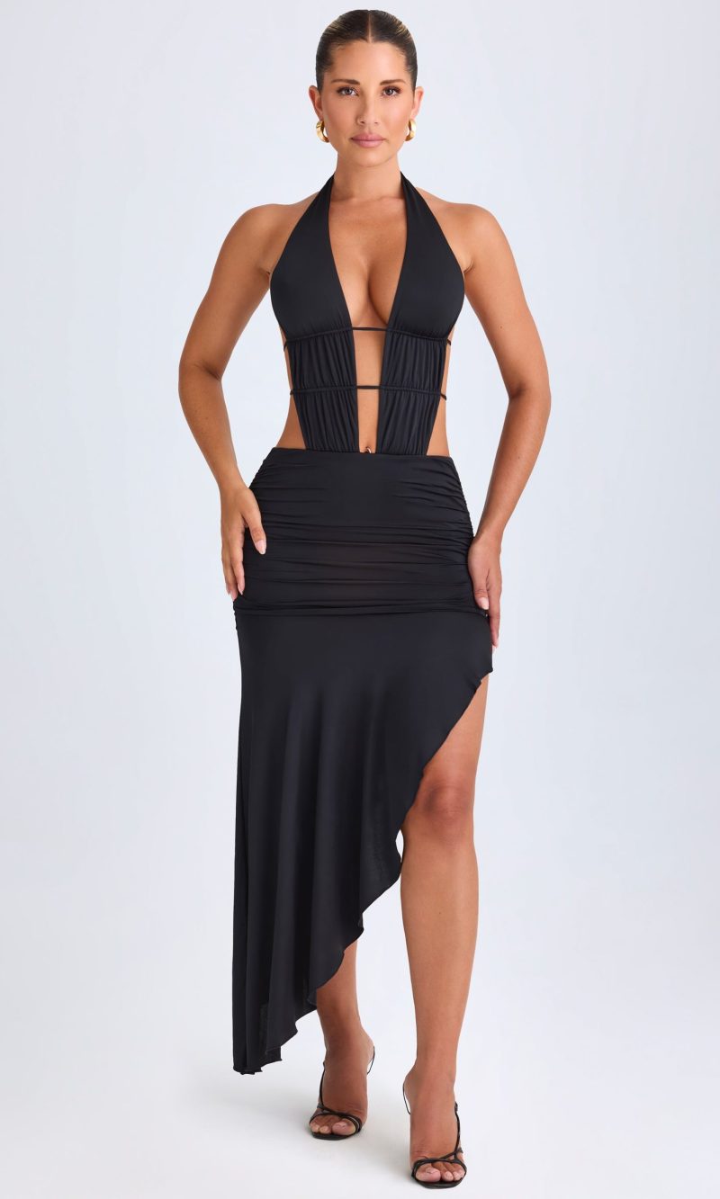 Asymmetric Cut-Out Halterneck Midaxi Dress in Black