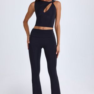 Petite Foldover Flared Trousers in Black