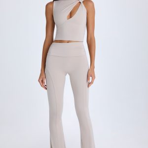 Petite Foldover Flared Trousers in Taupe