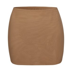 Soft Mesh Low-Rise Micro Mini Slip Skirt in Almond
