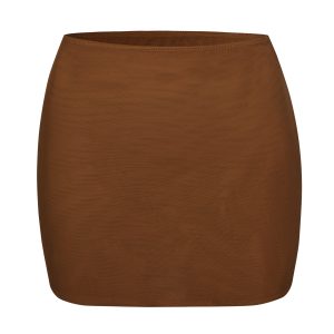 Soft Mesh Low-Rise Micro Mini Slip Skirt in Chestnut