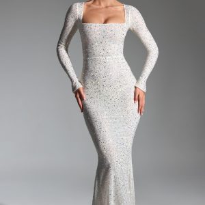 Embellished Fishtail Maxi Dress in White