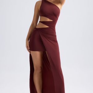 One-Shoulder Draped Cut-Out Maxi Dress in Chestnut Brown