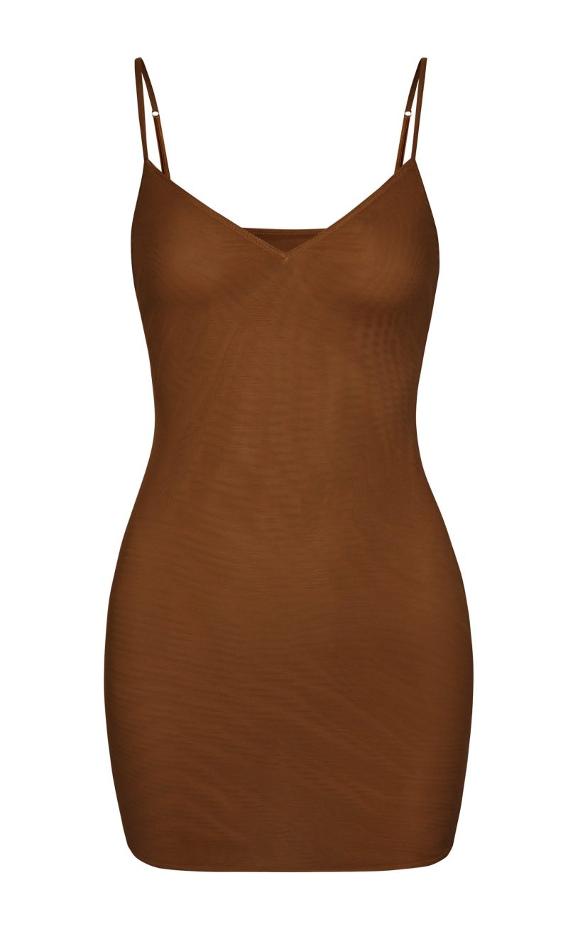Soft Mesh V-Neck Mini Slip Dress in Chestnut