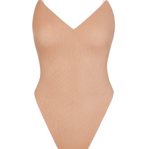 Soft Mesh V-Neck Bodysuit in Warm Peach