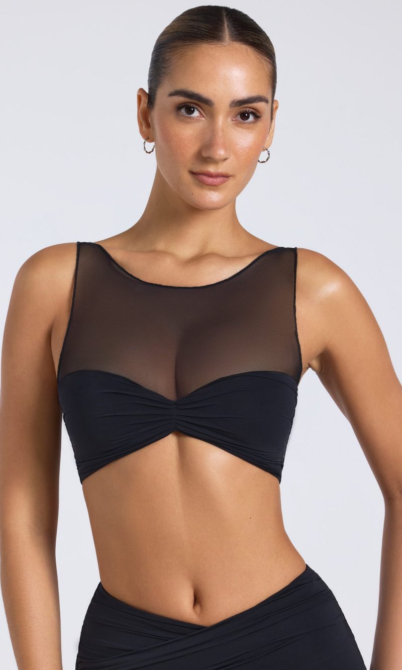 Sheer Panelled Ruched Crop Top in Black