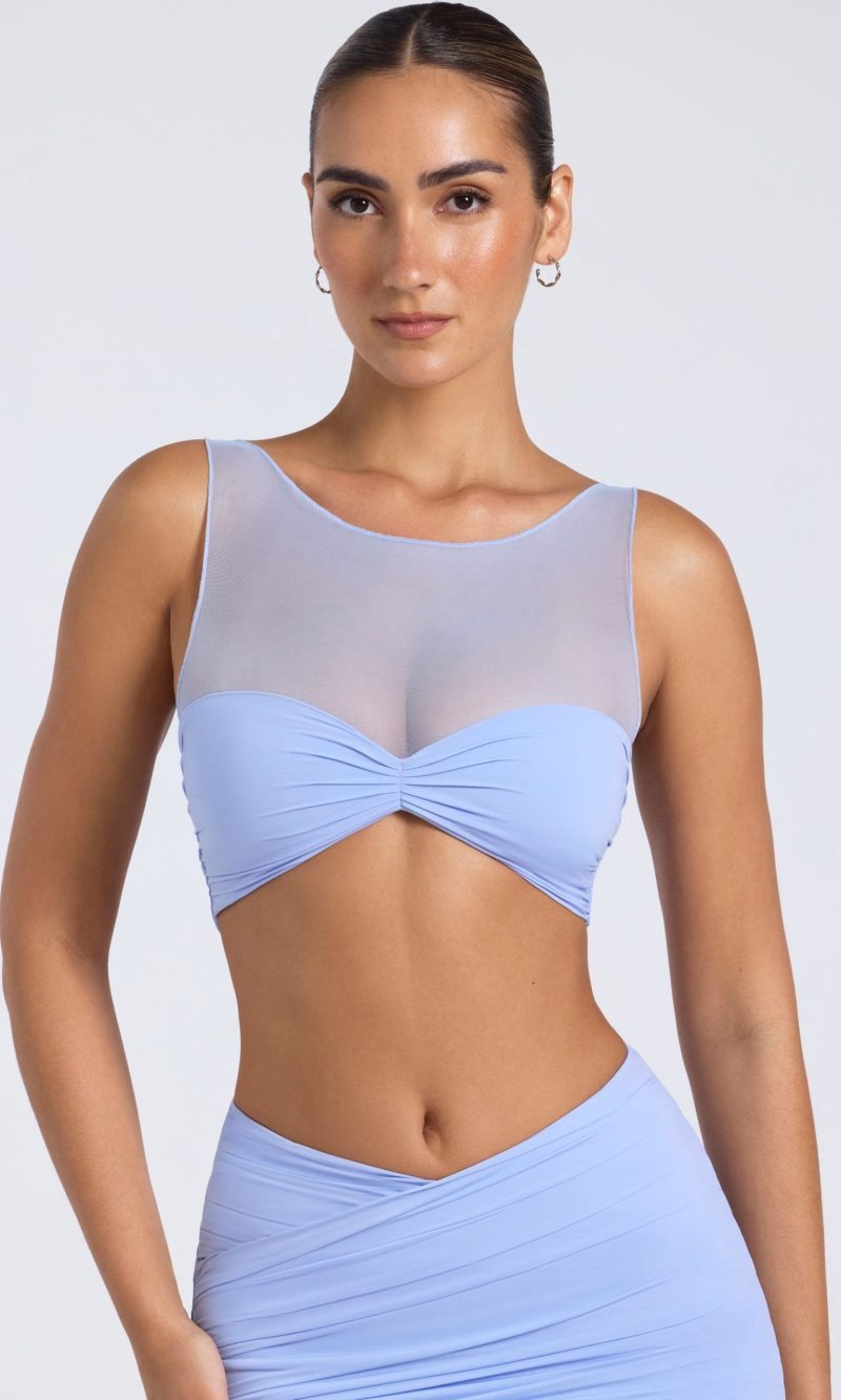 Sheer Panelled Ruched Crop Top in Periwinkle Blue