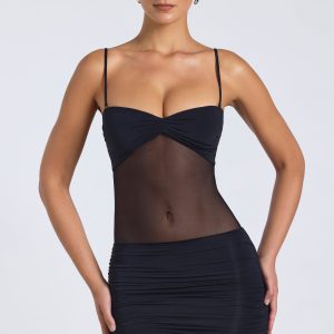 Sheer Panelled Ruched Mini Dress in Black