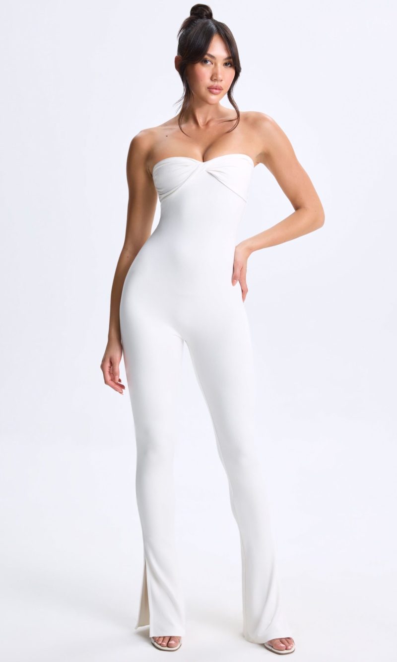 Twist-Front Split Hem Flared Jumpsuit in White