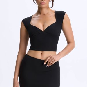 Ruched Cap-Sleeve Top in Black