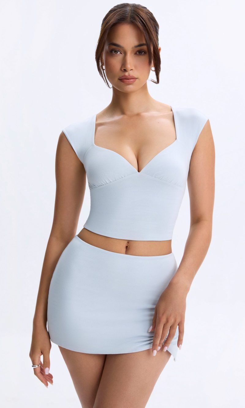 Ruched Cap-Sleeve Top in Dusty Blue
