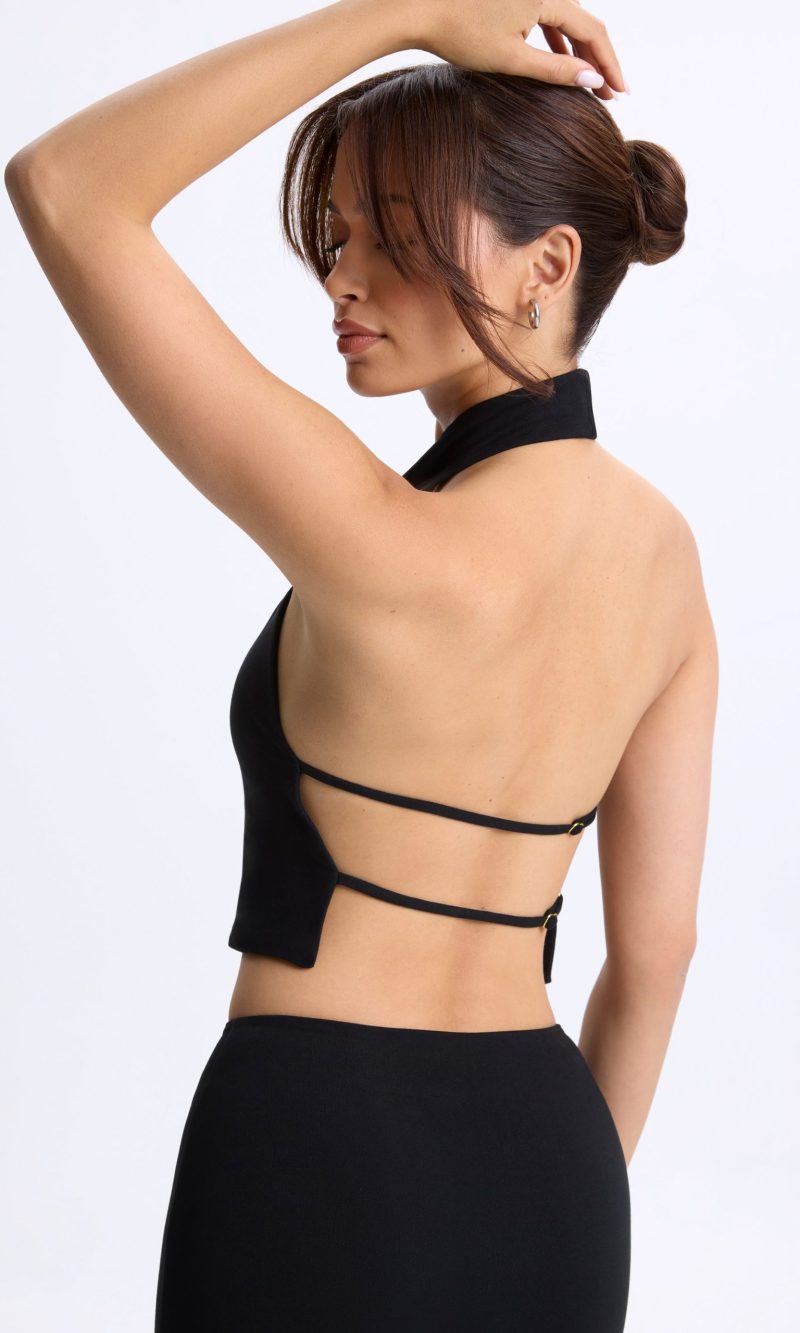 Cowl-Neck Open-Back Top in Black