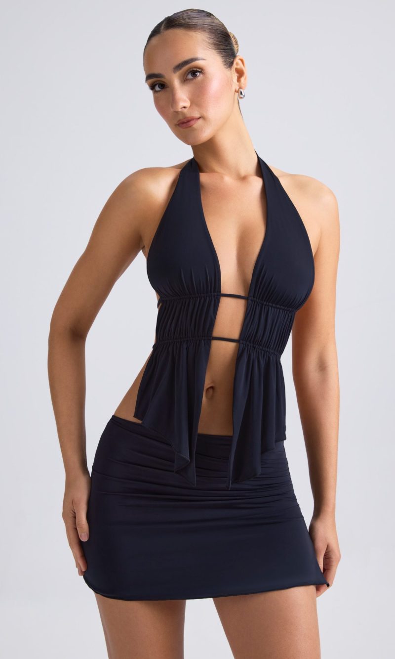 Cut-Out Ruched Halterneck Crop Top in Black