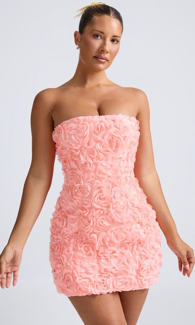Floral-Appliqué Bandeau A-Line Mini Dress in Coral